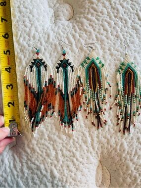 Handmade Multicolor Seed Bead Fringe Earrings - Turquoise & Brown